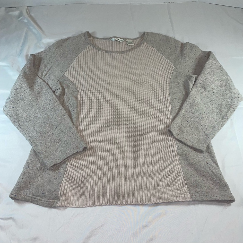 Orvis Mens Large Gray Oatmeal Ribbed Mixed Knit Raglan Crewneck Sweater Pullover